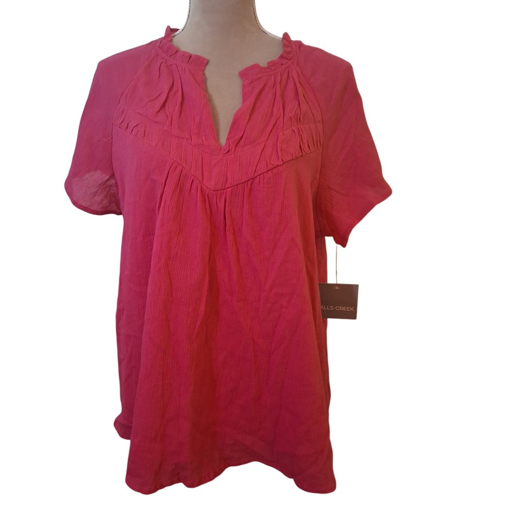 Falls Creek Womens Pink Ruffle Neck Short Sleeve Blouse Top Large New Feminine